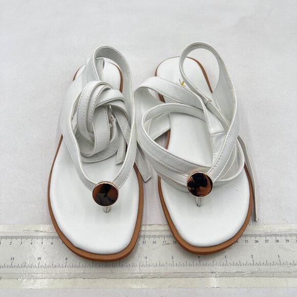 XYD White Open Toe Metal Gold Hardware Flip Flops Ankle Wrap Lace-up Flat Sandal - Picture 3 of 8